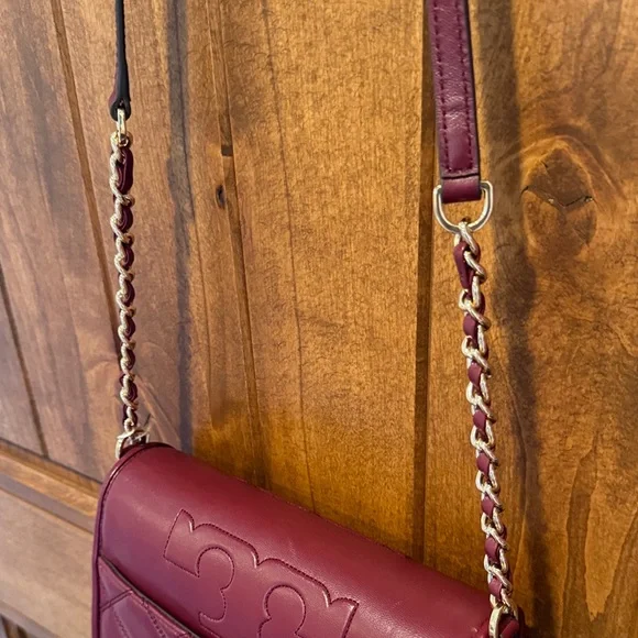 Tory Burch Savannah Comb Burgundy Quilted Crossbody Bag